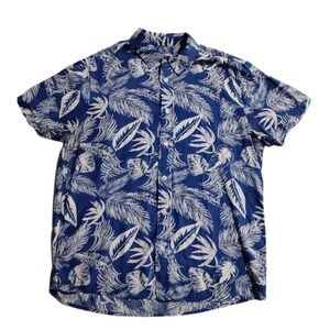 Cotton & Co. Men's Blue Tropical Leaf Print Short Sleeve Button‎ Up Shirt Size M